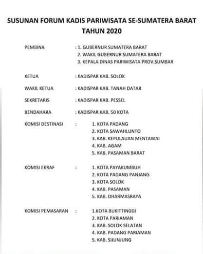 Ketua Forum Kepala Dinas Pariwisata se Sumbar Tahun 2020